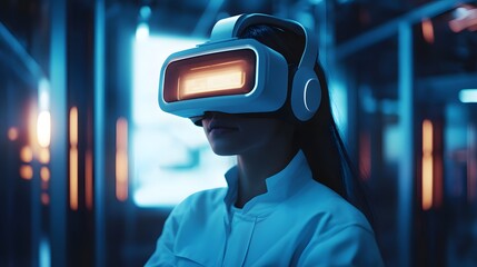 Poster - A minimalist VR development hub integrating 3D glowing operational tasks with 2D live feedback loops for trainees. 4k resolution, Cinematic Scene