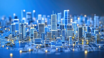 Poster - Futuristic Cityscape with Glowing Skyscrapers and High-Tech Circuit Board Design for Urban and Technology Related Projects