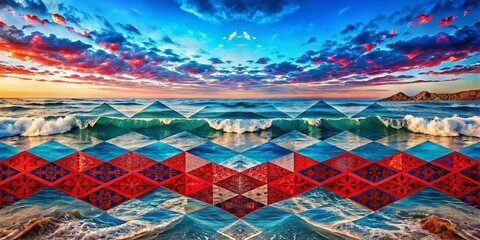 Poster - Stunning Panoramic View of a Red and Blue Geometric Sea with Abstract Patterns and Vibrant Wave Designs Reflecting the Beauty of Nature's Color Palette