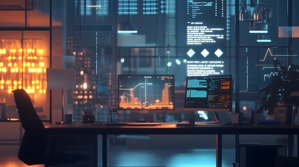 Aufkleber - A hybrid workspace featuring AR devices projecting 3D glowing financial training models with 2D glowing task reports. 4k resolution, Cinematic Scene