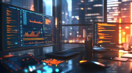 Aufkleber - A hybrid workspace featuring AR devices projecting 3D glowing financial training models with 2D glowing task reports. 4k resolution, Cinematic Scene