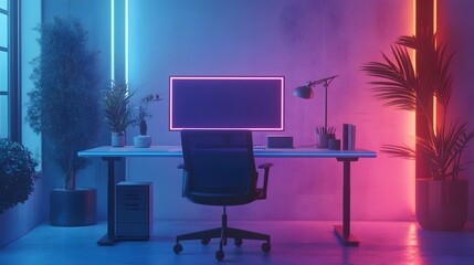 Aufkleber - A sleek workspace where IoT-enabled smart desks adjust height with 3D glowing indicators and 2D floating customization settings. 4k resolution, Cinematic Scene
