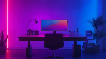 Aufkleber - A sleek workspace where IoT-enabled smart desks adjust height with 3D glowing indicators and 2D floating customization settings. 4k resolution, Cinematic Scene