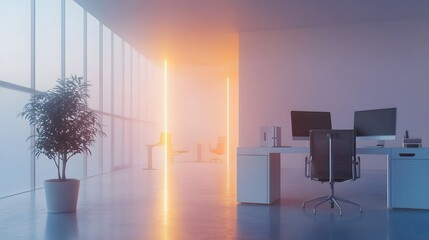 Aufkleber - A minimalist office where IoT sensors track 3D glowing energy consumption data with 2D task-specific insights. 4k resolution, Cinematic Scene