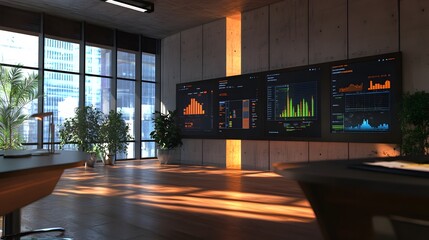 Poster - A modern workspace with IoT devices managing 3D glowing collaborative screens displaying task boards alongside 2D performance summaries. 4k resolution, Cinematic Scene