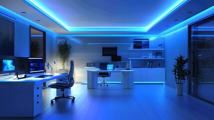 Poster - A futuristic workspace integrating IoT-powered lighting that adjusts via 3D glowing control hubs and 2D environmental feedback. 4k resolution, Cinematic Scene