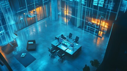 Aufkleber - A futuristic coworking hub featuring IoT-powered occupancy sensors projecting 3D glowing availability visuals with 2D task coordination updates. 4k resolution, Cinematic Scene