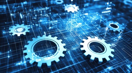 Poster - Digital Representation of Gears in a High-Tech Environment Showcasing the Intersection of Mechanical Engineering and Modern Technology in a Dynamic Blueprint Framework