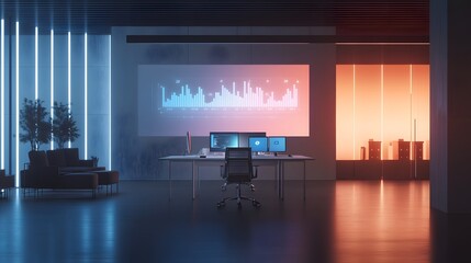 Aufkleber - A minimalist office where IoT-enabled desk systems project 3D glowing productivity stats alongside 2D actionable feedback. 4k resolution, Cinematic Scene