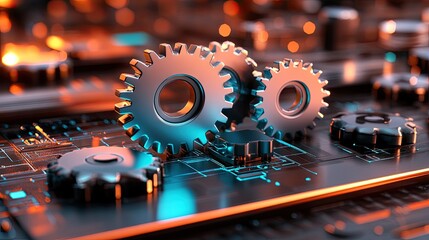 Poster - Abstract Representation of Modern Technology with Metallic Gears and Circuit Board Design Featuring Glowing Elements for Futuristic Conceptual Imagery