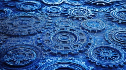 Poster - Blue Gears and Cogs with Electronic Circuit Texture on Industrial Background Representing Technology, Automation, and Innovation in a Dynamic Digital Era