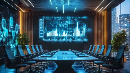 Poster - A futuristic meeting room equipped with IoT-connected sensors displaying 3D glowing room utilization metrics and 2D success rates. 4k resolution, Cinematic Scene