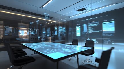 Aufkleber - A modern office with IoT-enabled meeting rooms displaying 3D glowing task boards and 2D live performance updates. 4k resolution, Cinematic Scene
