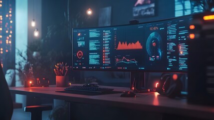 Poster - A futuristic workspace showcasing IoT-connected wearable tech generating 3D glowing productivity stats alongside 2D progress charts. 4k resolution, Cinematic Scene