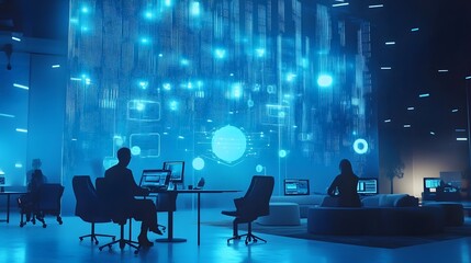 Poster - A collaborative session in a futuristic coworking hub showcasing IoT-enabled resource monitoring systems with 3D glowing visuals and 2D real-time data. 4k resolution, Cinematic Scene