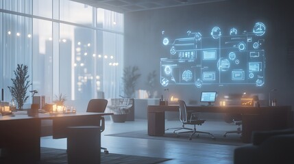 Aufkleber - A smart office featuring IoT-connected desks displaying 3D glowing productivity dashboards with 2D real-time task updates. 4k resolution, Cinematic Scene