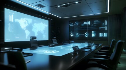 Poster - A collaborative meeting room where IoT-enabled interactive whiteboards show 3D glowing brainstorming visuals and 2D actionable goals. 4k resolution, Cinematic Scene