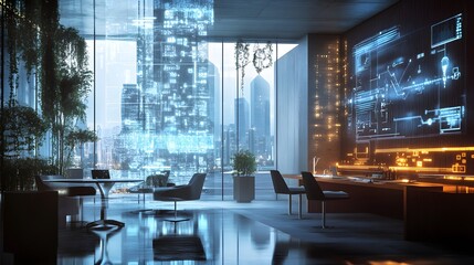 Poster - A futuristic workspace with IoT-powered lighting systems projecting 3D glowing brightness adjustments and 2D energy metrics. 4k resolution, Cinematic Scene
