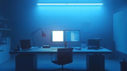 Poster - A minimalist workspace featuring IoT-connected security systems with 3D glowing access logs and 2D task reminders. 4k resolution, Cinematic Scene