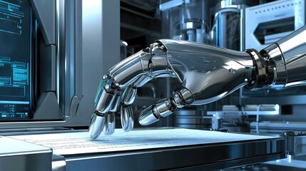 Poster - Futuristic Robotic Hand Interacting with Digital Document in High-Tech Environment Symbolizing Automation and Innovation in Modern Technology