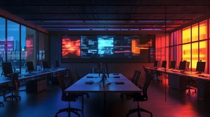 Poster - A collaborative workspace featuring IoT-enabled motion sensors displaying 3D glowing occupancy maps and 2D feedback indicators. 4k resolution, Cinematic Scene