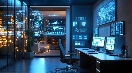 Aufkleber - A modern office setup where IoT-enabled smart desks adjust automatically via 3D glowing controls and 2D task prioritization visuals. 4k resolution, Cinematic Scene