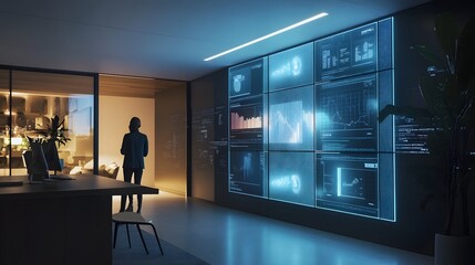 Poster - A collaborative workspace where IoT-powered interactive walls display 3D glowing brainstorming visuals alongside 2D actionable goals. 4k resolution, Cinematic Scene