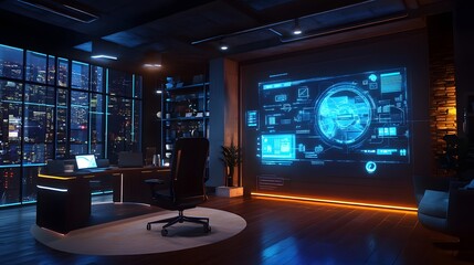 Aufkleber - A sleek office showcasing IoT-enabled collaboration hubs projecting 3D glowing resource allocation visuals with 2D actionable updates. 4k resolution, Cinematic Scene