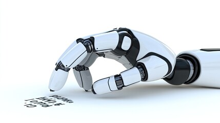 Poster - Futuristic Robotic Hand Reaching for Text on Surface, Symbolizing Human-Machine Interaction, Automation, Technology, and Innovation in Digital Era