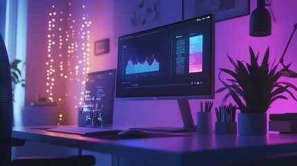 Poster - A minimalist workspace where IoT devices project 3D glowing environmental stats alongside 2D animated efficiency metrics. 4k resolution, Cinematic Scene