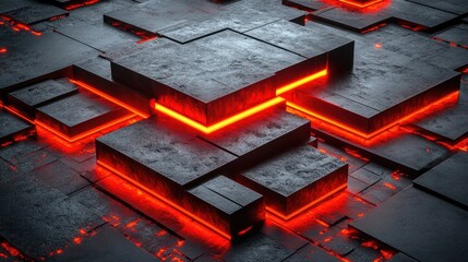 Poster - Abstract futuristic background with dark textured blocks illuminated by vibrant red lines, creating a visually striking contrast and depth for modern design use.