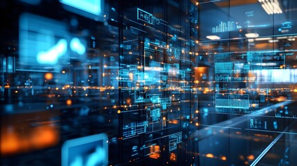 Aufkleber - A hybrid office with IoT-powered task monitoring systems displaying 3D glowing workflows alongside 2D actionable performance summaries. 4k resolution, Cinematic Scene