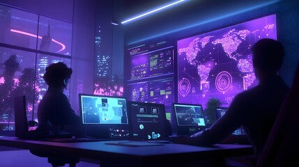 Poster - A collaborative workspace showcasing IoT-enabled productivity hubs with 3D glowing task allocation dashboards and 2D live updates. 4k resolution, Cinematic Scene