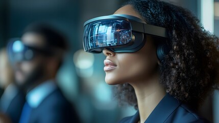Aufkleber - A sleek office with professionals leveraging AR glasses for enhanced remote collaboration. 4k resolution, Cinematic Scene