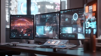 Poster - A hybrid work setup featuring AR devices enabling seamless team connectivity. 4k resolution, Cinematic Scene