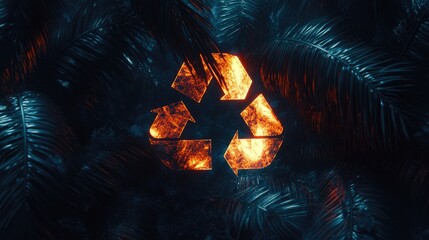Poster - Vibrant Recycle Symbol Illuminated Among Tropical Foliage, Highlighting Environmental Awareness and Sustainable Practices in Nature's Embrace