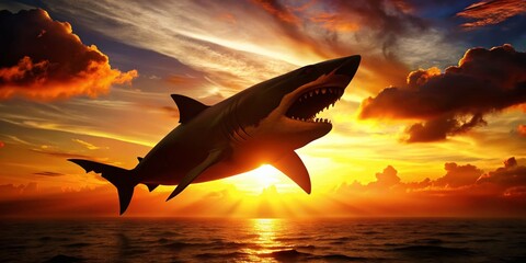 Poster - Stunning Silhouette Photography of a Jaws Drawing Against an Orange Sunset Background, Capturing the Intricate Lines and Shapes in a Dramatic and Artistic Way