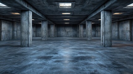 Poster - Spacious and Empty Industrial Warehouse Interior with Concrete Pillars and Windows Bathed in Soft Natural Light, Ideal for Creative Projects and Backgrounds