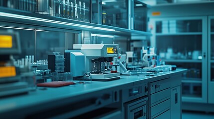 Poster - A modern laboratory workspace with advanced scientific equipment and glassware.