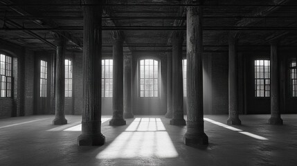 Poster - Illuminated Industrial Space with Vintage Architecture Featuring Tall Columns and Large Windows Creating a Moody Atmosphere Ideal for Artistic and Creative Projects