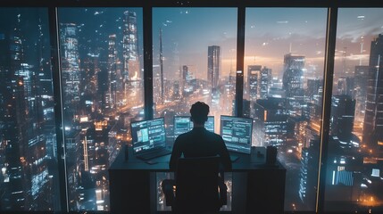 Poster - A hybrid workspace showcasing AR-powered interfaces for blockchain transaction monitoring and business decision-making. 4k resolution, Cinematic Scene