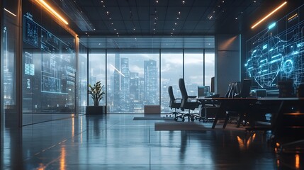 Poster - A modern office where blockchain infrastructure for logistics is visualized through AR systems. 4k resolution, Cinematic Scene