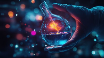 Poster - A hand holds a glowing flask filled with a vibrant liquid, symbolizing scientific discovery.