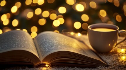 Poster - Open Book with a Cup of Tea and Warm Lights