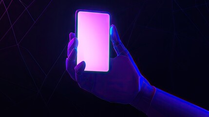 Poster - Futuristic Hand Holding Smartphone with Vibrant Glow Against Dark Background, Showcasing Technology in Modern Digital Lifestyle Concept