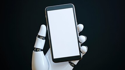 Poster - Futuristic Robot Hand Holding Smartphone with Blank Screen Isolated on Black Background, Symbolizing Technology, Innovation, and Human-Robot Interaction