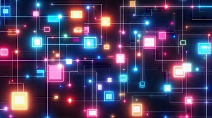 Poster - Colorful Abstract Background with Glowing Squares and Lights in a Complex Network of Lines for Modern Digital Design and Technology Themes