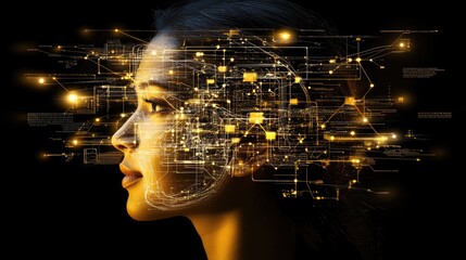 Poster - Profile of a Woman Surrounded by Digital Data and Technology in an Artistic Representation of the Future and Innovation with a Futuristic Glow