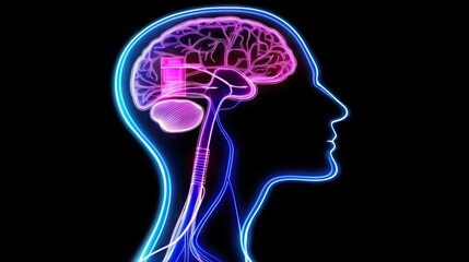 Poster - Conceptual Illustration of the Human Brain Highlighting Neural Connections and Pathways in a Neon, Abstract Style Against a Black Background