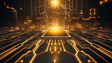 Poster - Futuristic Digital Circuit Board with Golden Highlights and Rays of Light, Representing Technology, Innovation, and Data Transmission in a Modern World